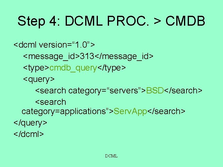 Step 4: DCML PROC. > CMDB <dcml version=“ 1. 0”> <message_id>313</message_id> <type>cmdb_query</type> <query> <search