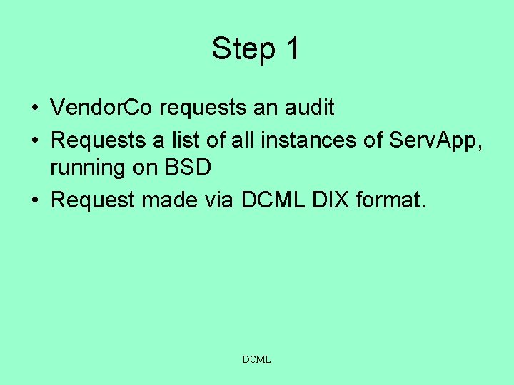 Step 1 • Vendor. Co requests an audit • Requests a list of all