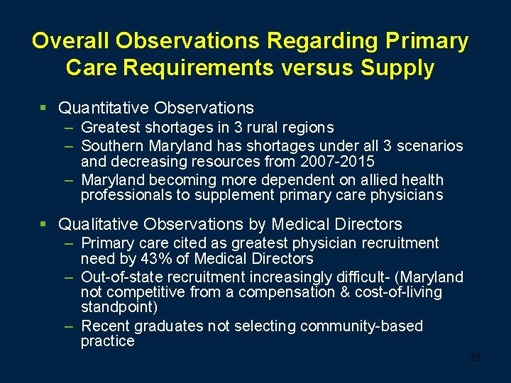 Overall Observations Regarding Primary Care Requirements versus Supply § Quantitative Observations – Greatest shortages