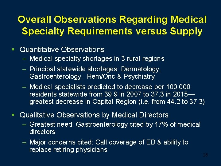 Overall Observations Regarding Medical Specialty Requirements versus Supply § Quantitative Observations – Medical specialty