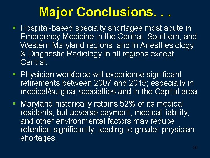 Major Conclusions. . . § Hospital-based specialty shortages most acute in Emergency Medicine in