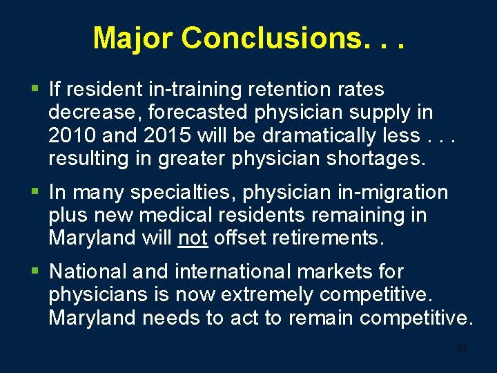 Major Conclusions. . . § If resident in-training retention rates decrease, forecasted physician supply