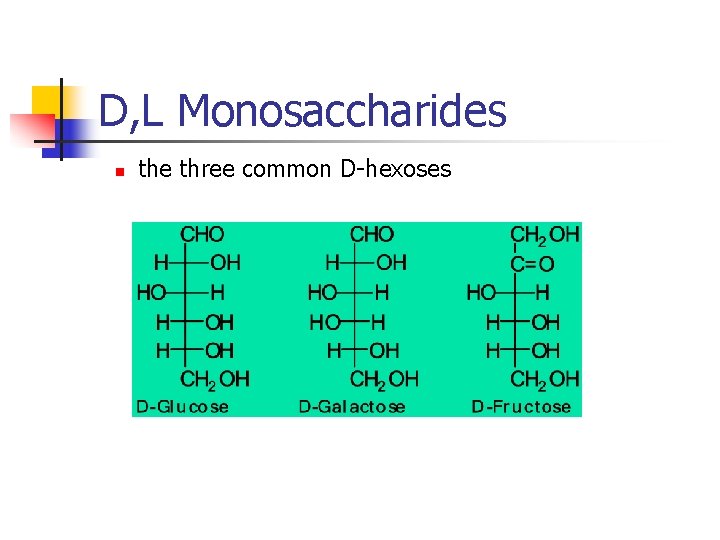 D, L Monosaccharides n the three common D-hexoses 
