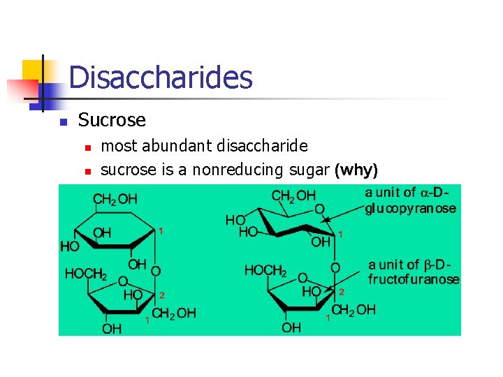 Disaccharides n Sucrose n n most abundant disaccharide sucrose is a nonreducing sugar (why)