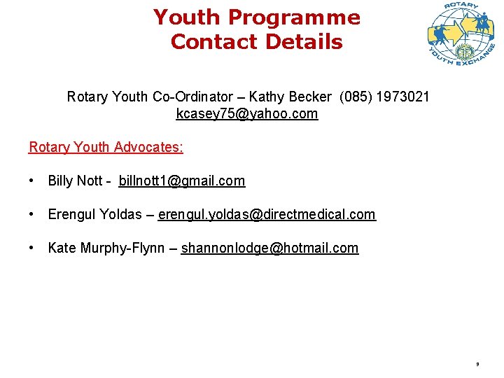 Youth Programme Contact Details Rotary Youth Co-Ordinator – Kathy Becker (085) 1973021 kcasey 75@yahoo.