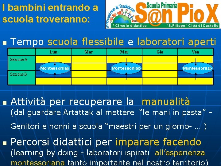 I bambini entrando a scuola troveranno: Tempo scuola flessibile e laboratori aperti Lun Mar