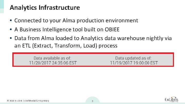 Analytics Infrastructure • Connected to your Alma production environment • A Business Intelligence tool
