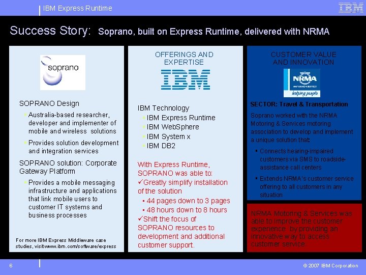 IBM Express Runtime Success Story: Soprano, built on Express Runtime, delivered with NRMA OFFERINGS