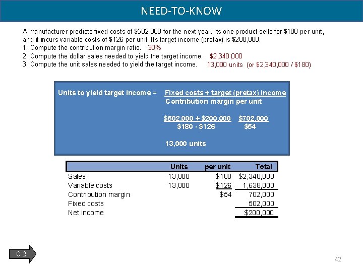 NEED-TO-KNOW A manufacturer predicts fixed costs of $502, 000 for the next year. Its