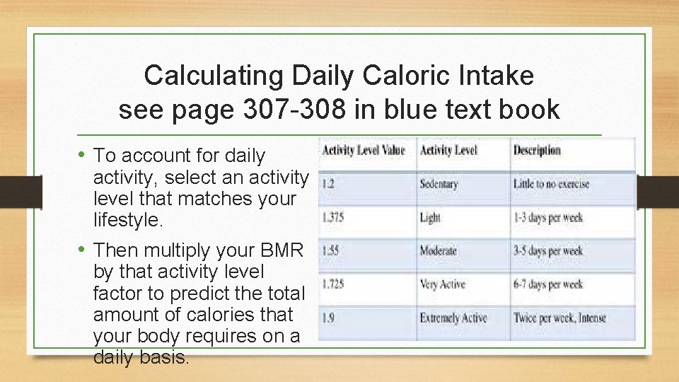 Calculating Daily Caloric Intake see page 307 -308 in blue text book • To