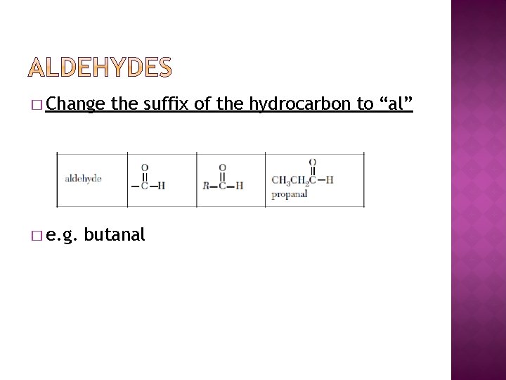 � Change � e. g. the suffix of the hydrocarbon to “al” butanal 