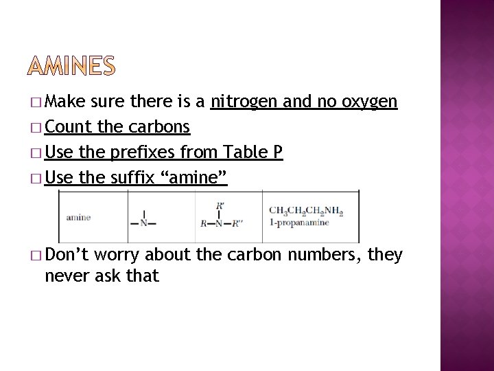 � Make sure there is a nitrogen and no oxygen � Count the carbons