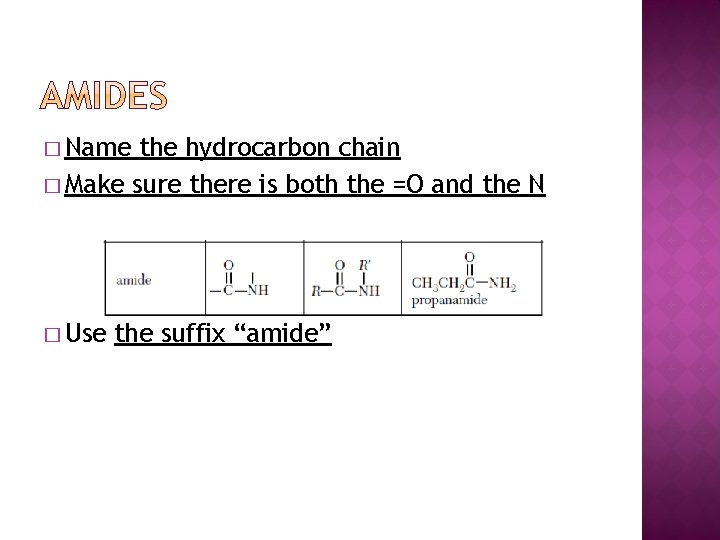 � Name the hydrocarbon chain � Make sure there is both the =O and