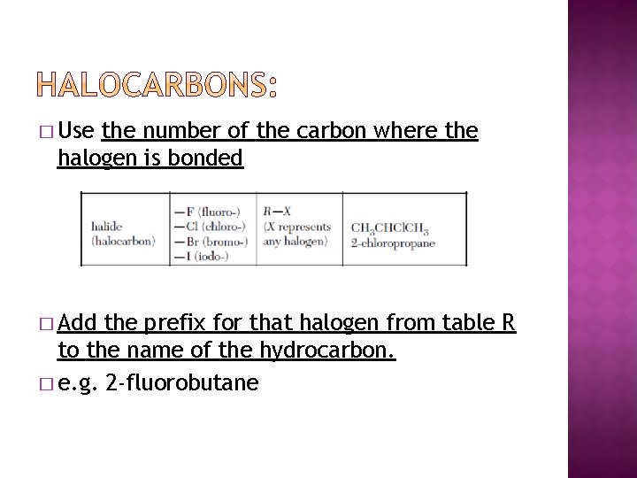 � Use the number of the carbon where the halogen is bonded � Add