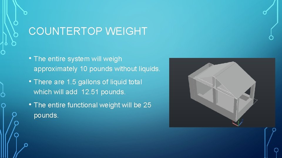 COUNTERTOP WEIGHT • The entire system will weigh approximately 10 pounds without liquids. •