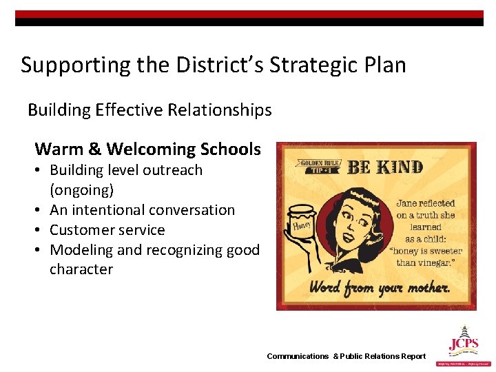 Supporting the District’s Strategic Plan Building Effective Relationships Warm & Welcoming Schools • Building