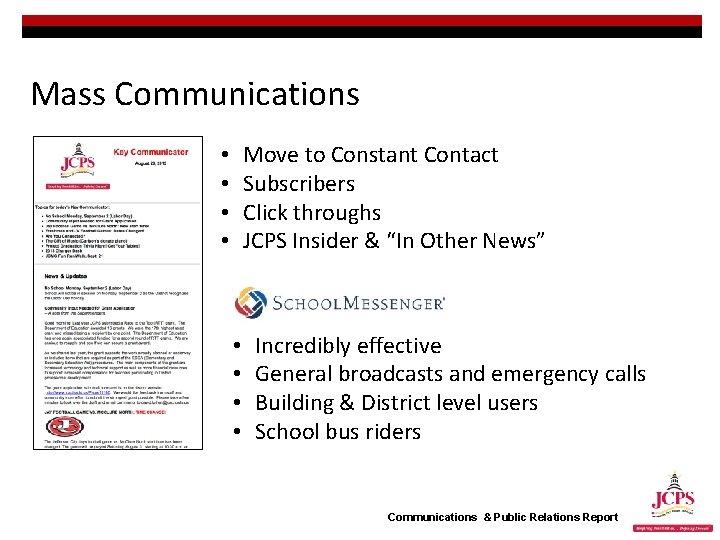 Mass Communications Move to Constant Contact Subscribers Click throughs JCPS Insider & “In Other