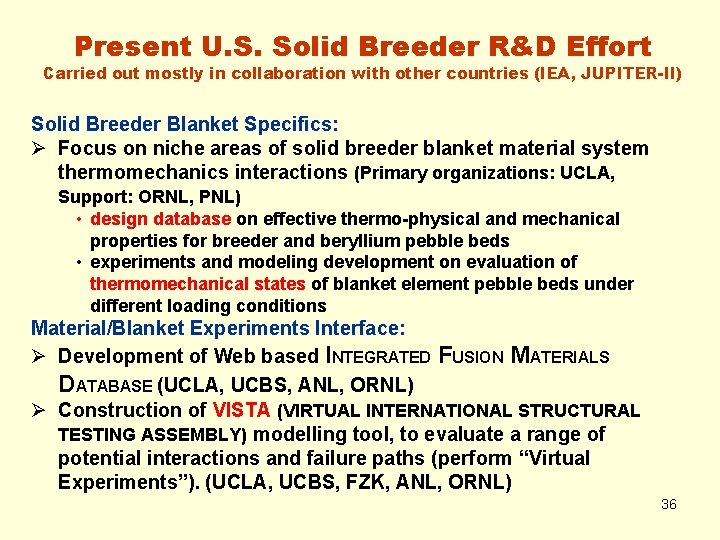 Present U. S. Solid Breeder R&D Effort Carried out mostly in collaboration with other