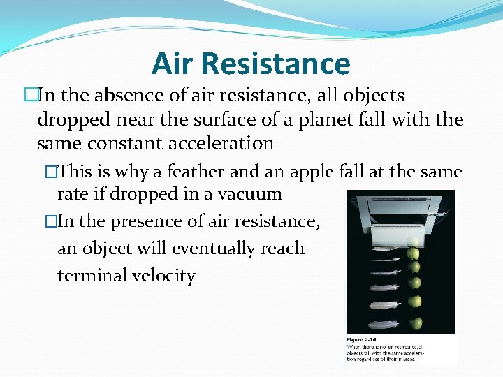 Air Resistance �In the absence of air resistance, all objects dropped near the surface