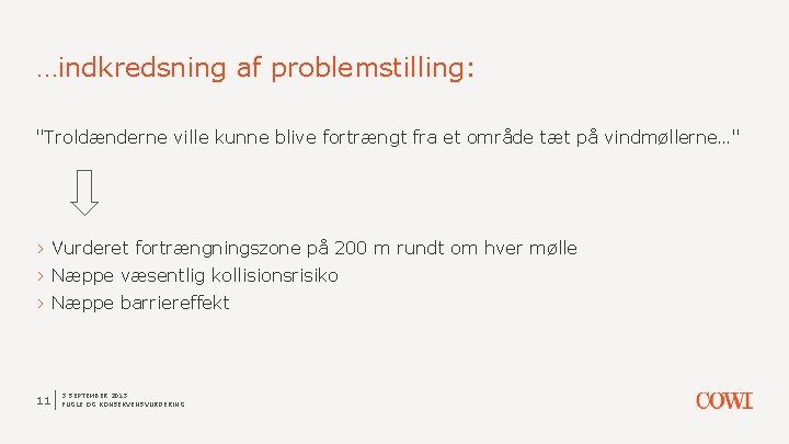 …indkredsning af problemstilling: "Troldænderne ville kunne blive fortrængt fra et område tæt på vindmøllerne…"