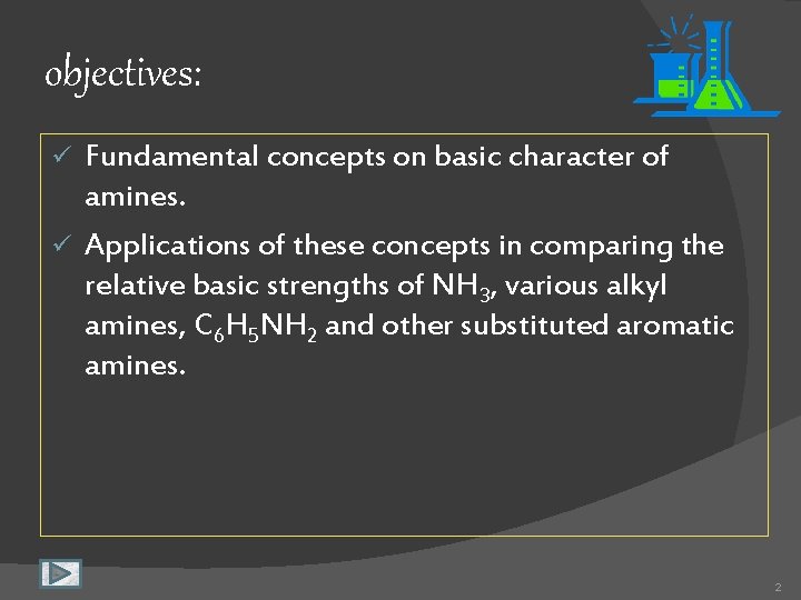 objectives: Fundamental concepts on basic character of amines. ü Applications of these concepts in