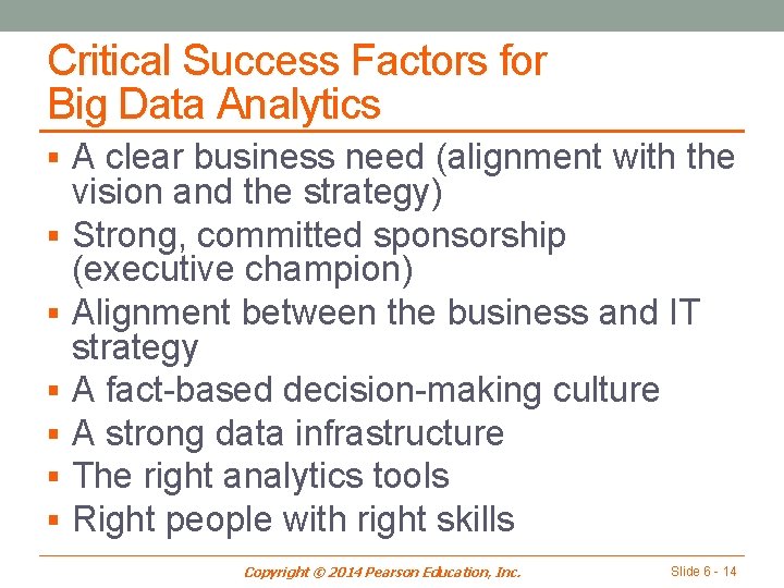 Critical Success Factors for Big Data Analytics § A clear business need (alignment with