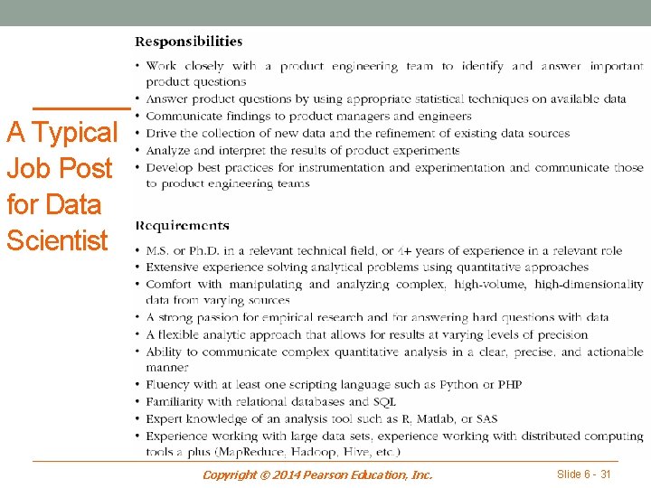 A Typical Job Post for Data Scientist Copyright © 2014 Pearson Education, Inc. Slide