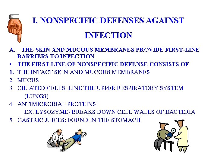 I. NONSPECIFIC DEFENSES AGAINST INFECTION A. • 1. 2. 3. 4. 5. THE SKIN