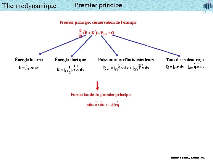 Thermodynamique: Premier principe: conservation de l’énergie Énergie interne Énergie cinétique Puissance des efforts extérieurs