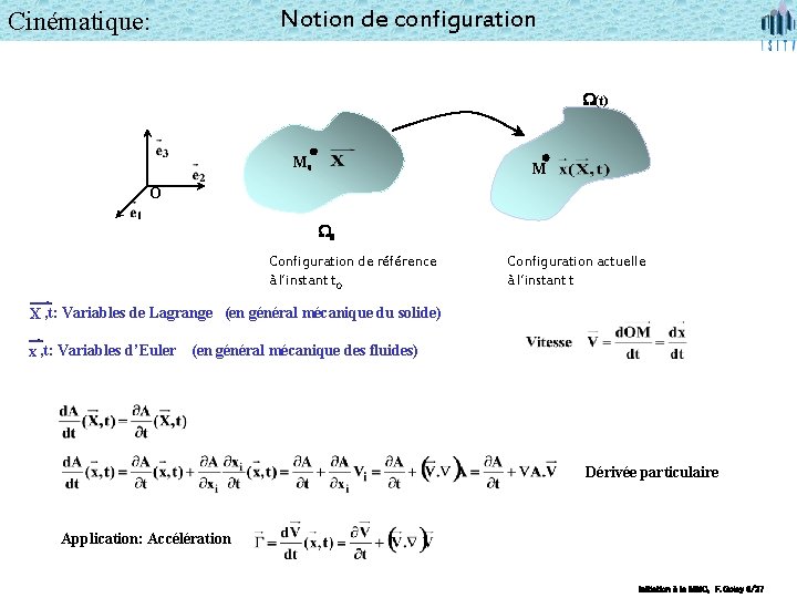 Notion de configuration Cinématique: W(t) M 0 M O W 0 Configuration de référence