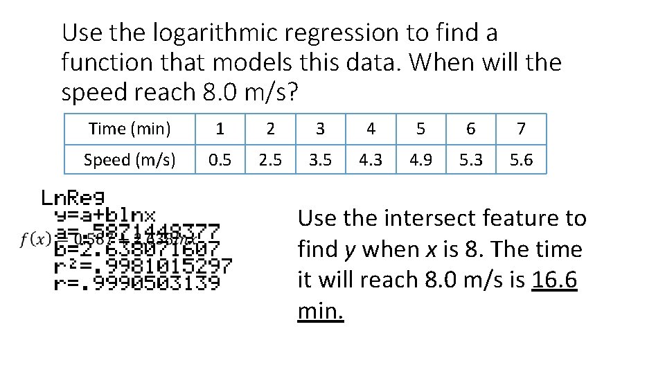 Use the logarithmic regression to find a function that models this data. When will