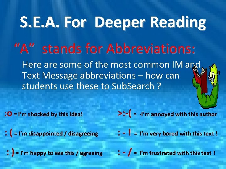 S. E. A. For Deeper Reading “A” stands for Abbreviations: Here are some of