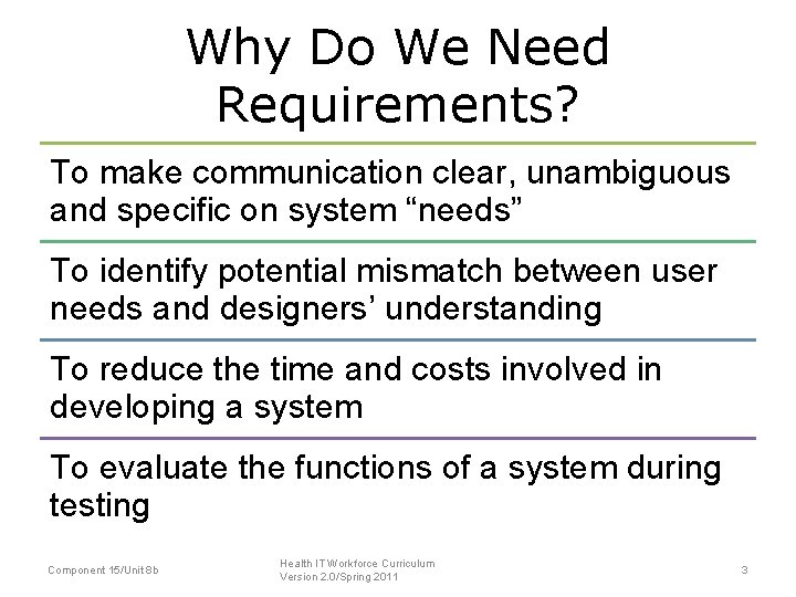 Why Do We Need Requirements? To make communication clear, unambiguous and specific on system
