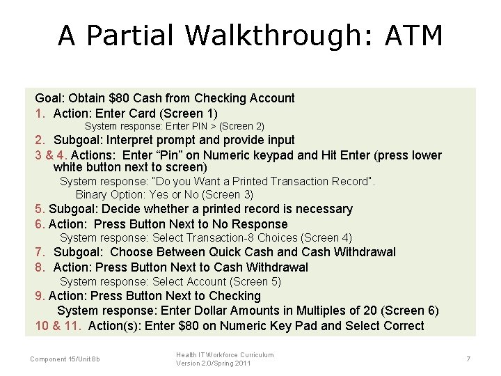A Partial Walkthrough: ATM Goal: Obtain $80 Cash from Checking Account 1. Action: Enter