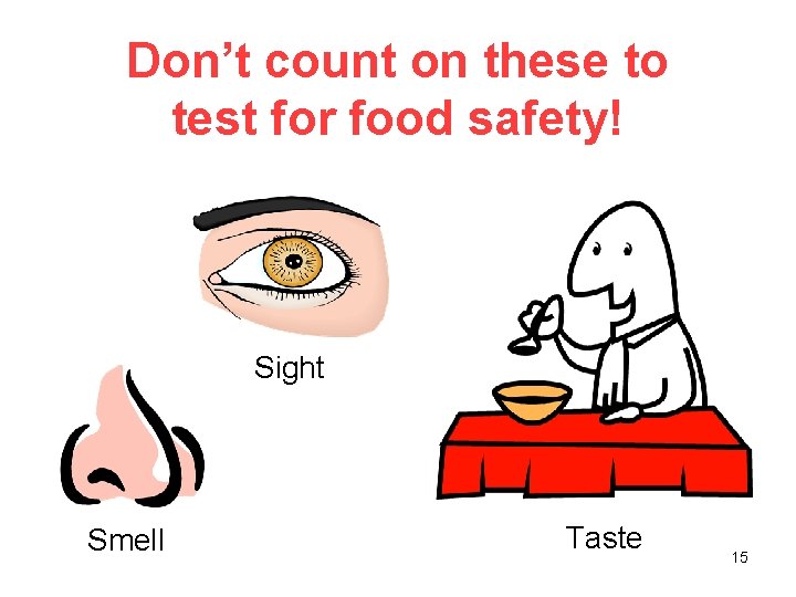 Don’t count on these to test for food safety! Sight Smell Taste 15 