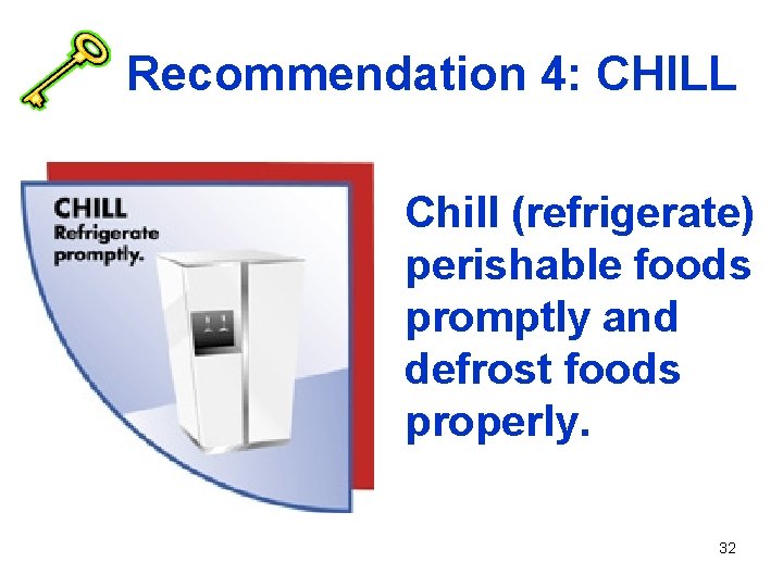 Recommendation 4: CHILL Chill (refrigerate) perishable foods promptly and defrost foods properly. 32 