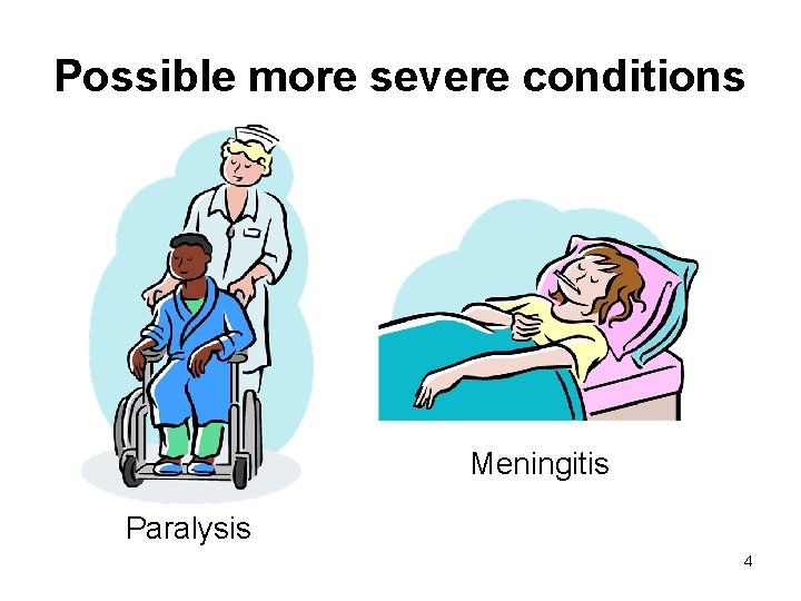 Possible more severe conditions Meningitis Paralysis 4 