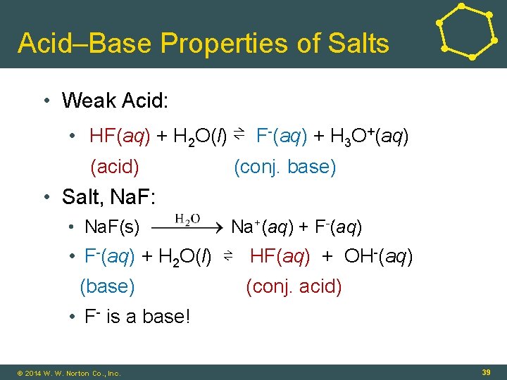 Acid–Base Properties of Salts • Weak Acid: • HF(aq) + H 2 O(l) ⇌