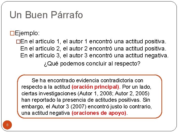 Un Buen Párrafo �Ejemplo: �En el artículo 1, el autor 1 encontró una actitud