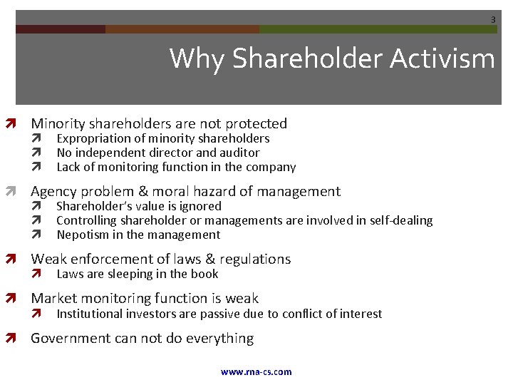 3 Why Shareholder Activism Minority shareholders are not protected Expropriation of minority shareholders No