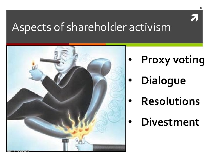 6 Aspects of shareholder activism • Proxy voting • Dialogue • Resolutions • Divestment