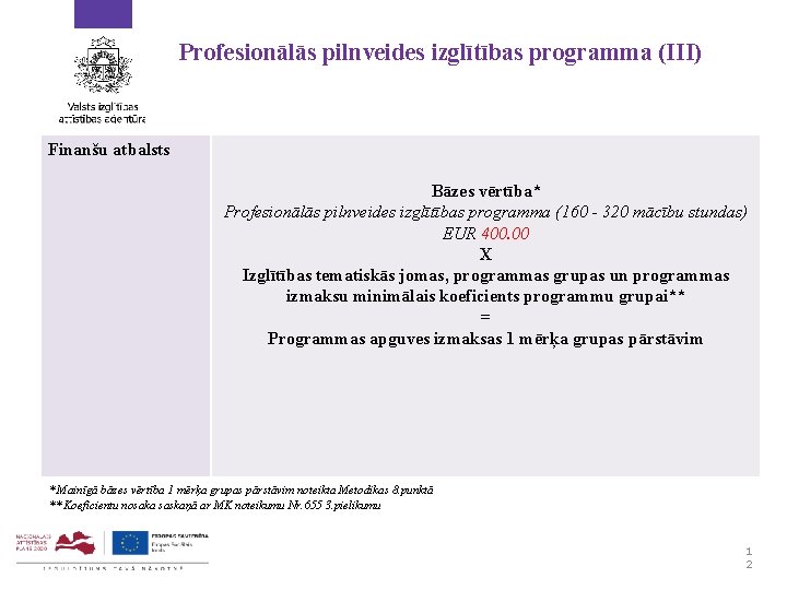 Profesionālās pilnveides izglītības programma (III) Finanšu atbalsts Bāzes vērtība* Profesionālās pilnveides izglītības programma (160