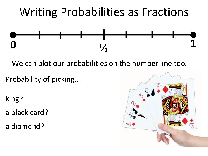 Writing Probabilities as Fractions 0 ½ We can plot our probabilities on the number Writing Probabilities as Fractions 0 ½ We can plot our probabilities on the number