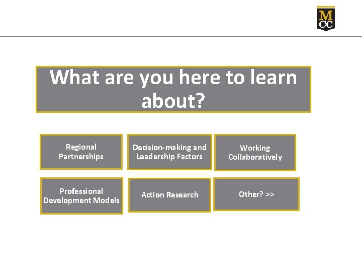 What are you here to learn about? Regional Partnerships Decision-making and Leadership Factors Working