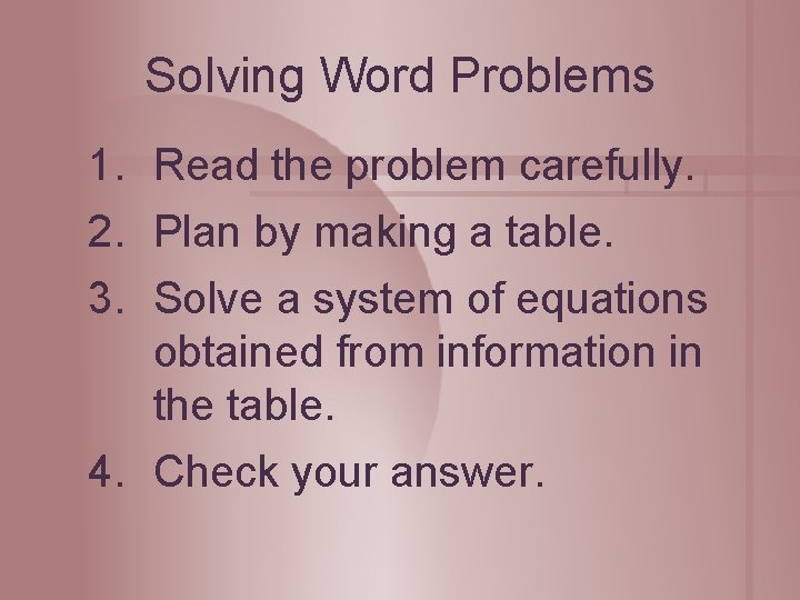 Solving Word Problems 1. Read the problem carefully. 2. Plan by making a table.