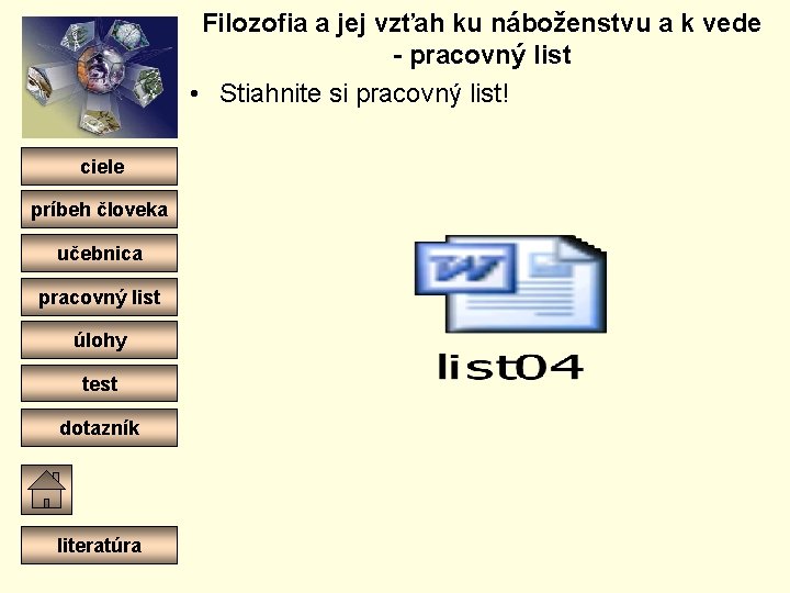 Filozofia a jej vzťah ku náboženstvu a k vede - pracovný list • Stiahnite