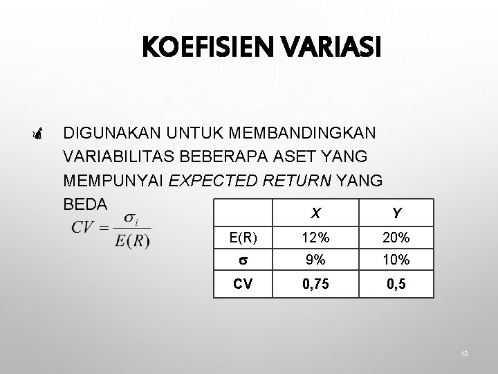 KOEFISIEN VARIASI ö DIGUNAKAN UNTUK MEMBANDINGKAN VARIABILITAS BEBERAPA ASET YANG MEMPUNYAI EXPECTED RETURN YANG