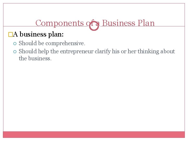 Components of a Business Plan �A business plan: Should be comprehensive. Should help the