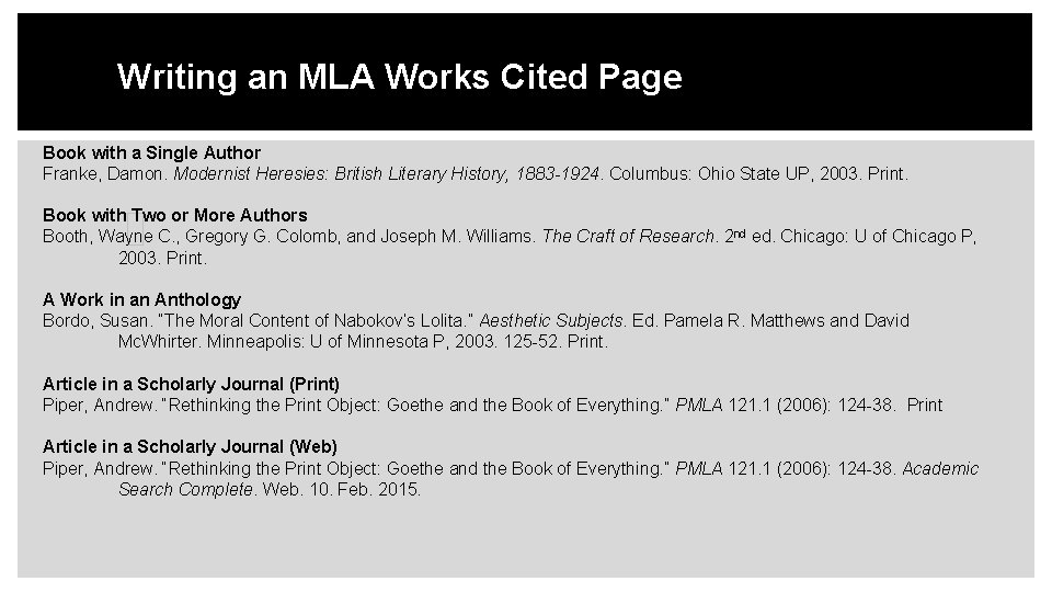 Writing an MLA Works Cited Page Book with a Single Author Franke, Damon. Modernist