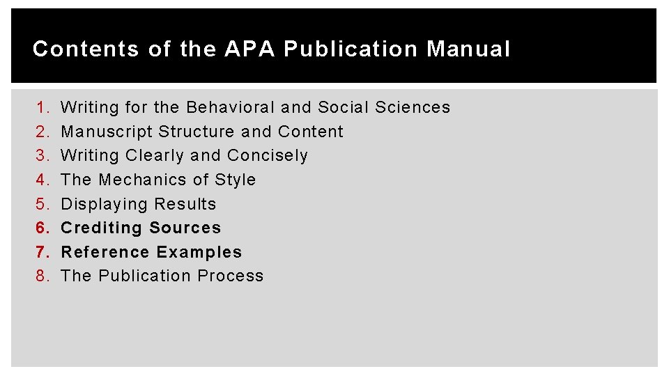 Contents of the APA Publication Manual 1. 2. 3. 4. 5. 6. 7. 8.